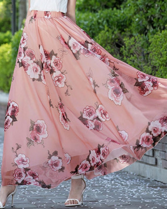 Chiffon Floral Skirt, Printed Skirt, Elastic Waist Skirt