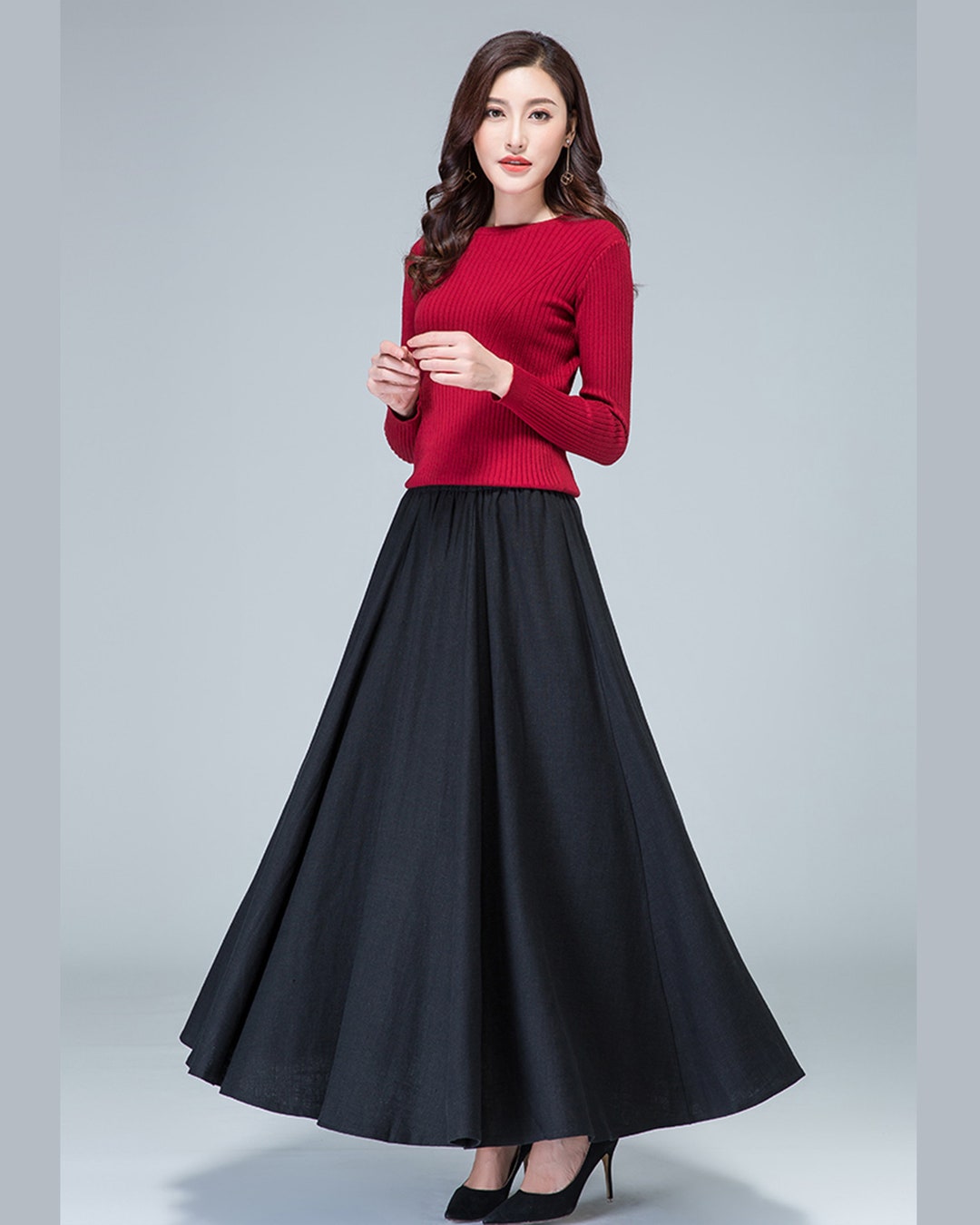 スカート RONRON HEART PENDANT LACE TRACK LINE FLARE MAXI SKIRT NAVY R Women's Jacquard Skirt, Linen Skirt, Cotton Skirt, Maxi