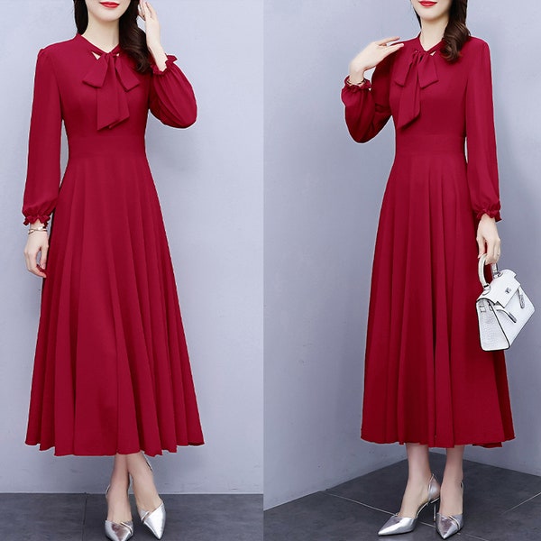 Women's midi dress, chiffon A-line dress, long sleeve dress, flare dress, plus size dress, customized dress, black dress Q0018