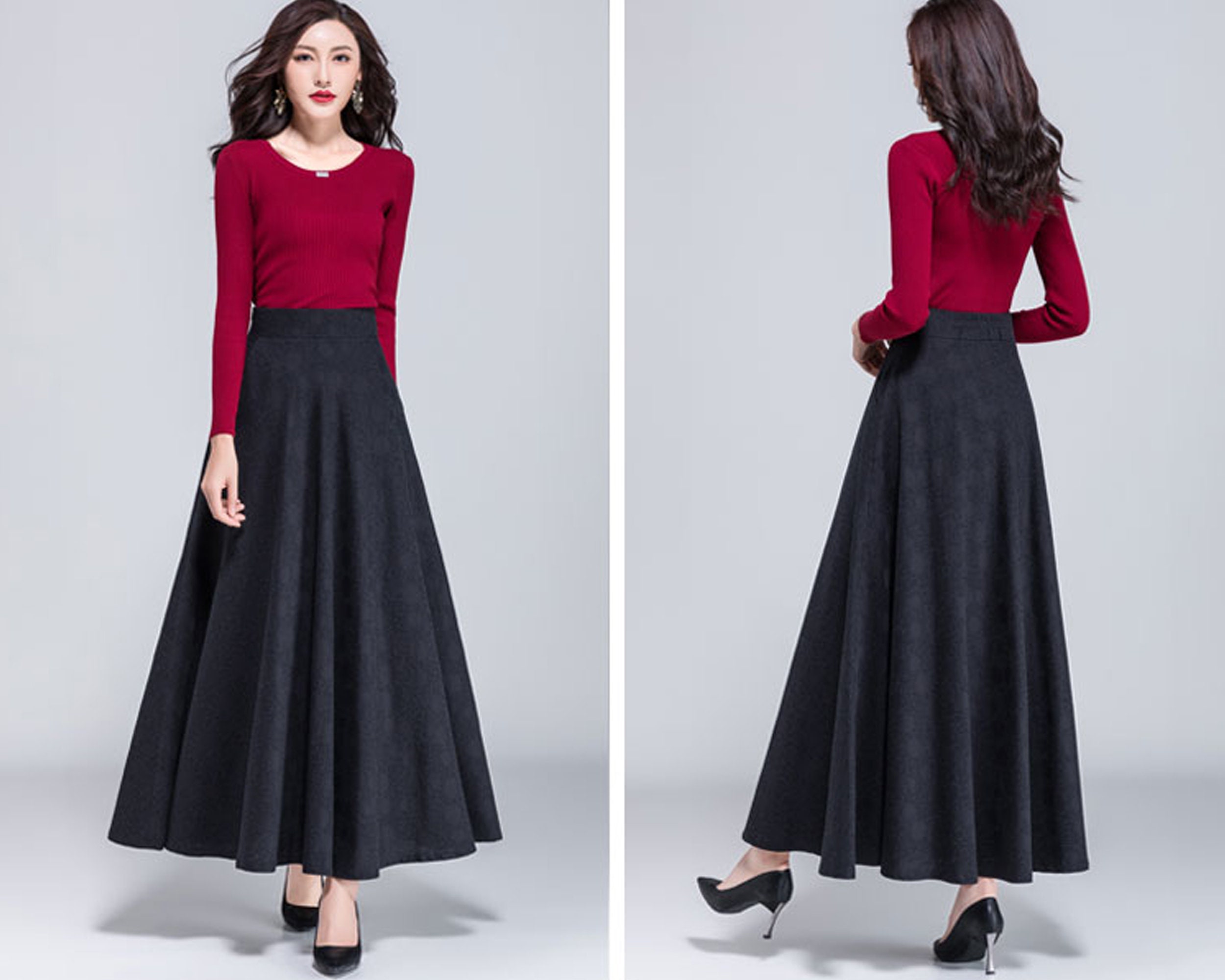 Women's Flare Skirt, Black Skirt, Maxi Skirt, Jacquard Skirt