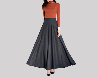 High Waist Wool Maxi Skirt: Vintage Black Winter Skirt