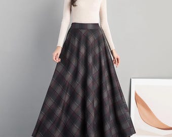Saia longa xadrez: saia de inverno de cintura alta com bolsos