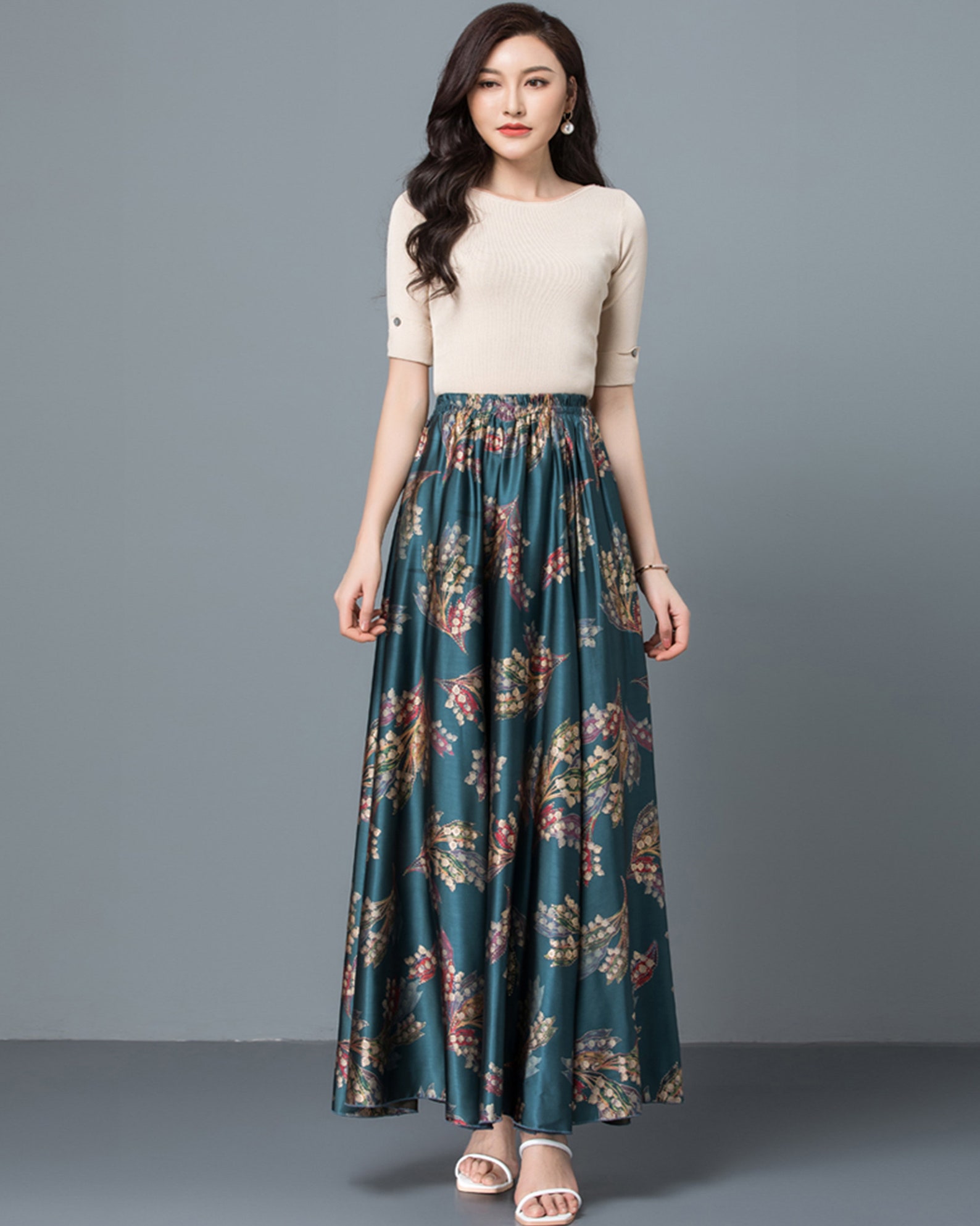 Elastic Waist Skirt Printed Skirt Maxi Skirt Flare Skirt Etsy