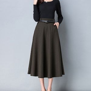 Wool skirt, midi skirt, Winter skirt, dark gray skirt, long skirt, vintage skirt, high waist skirt, flare skirt, Wool skirt with belt Q0025