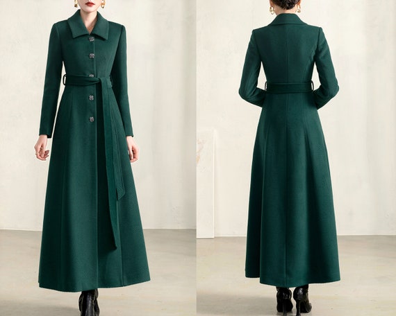 Maxi coat, wool coat, Green wool coat, emerald green coat, fit and