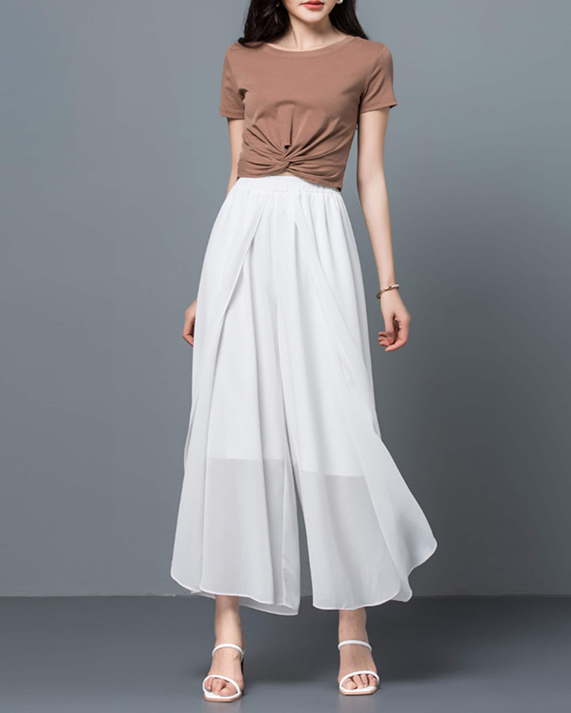 Ankle Length Pants, Wide Leg Pants, Women's Chiffon Pants