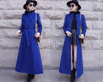 Wool Blend Long Coat: High Collar Belted Winter Jacket