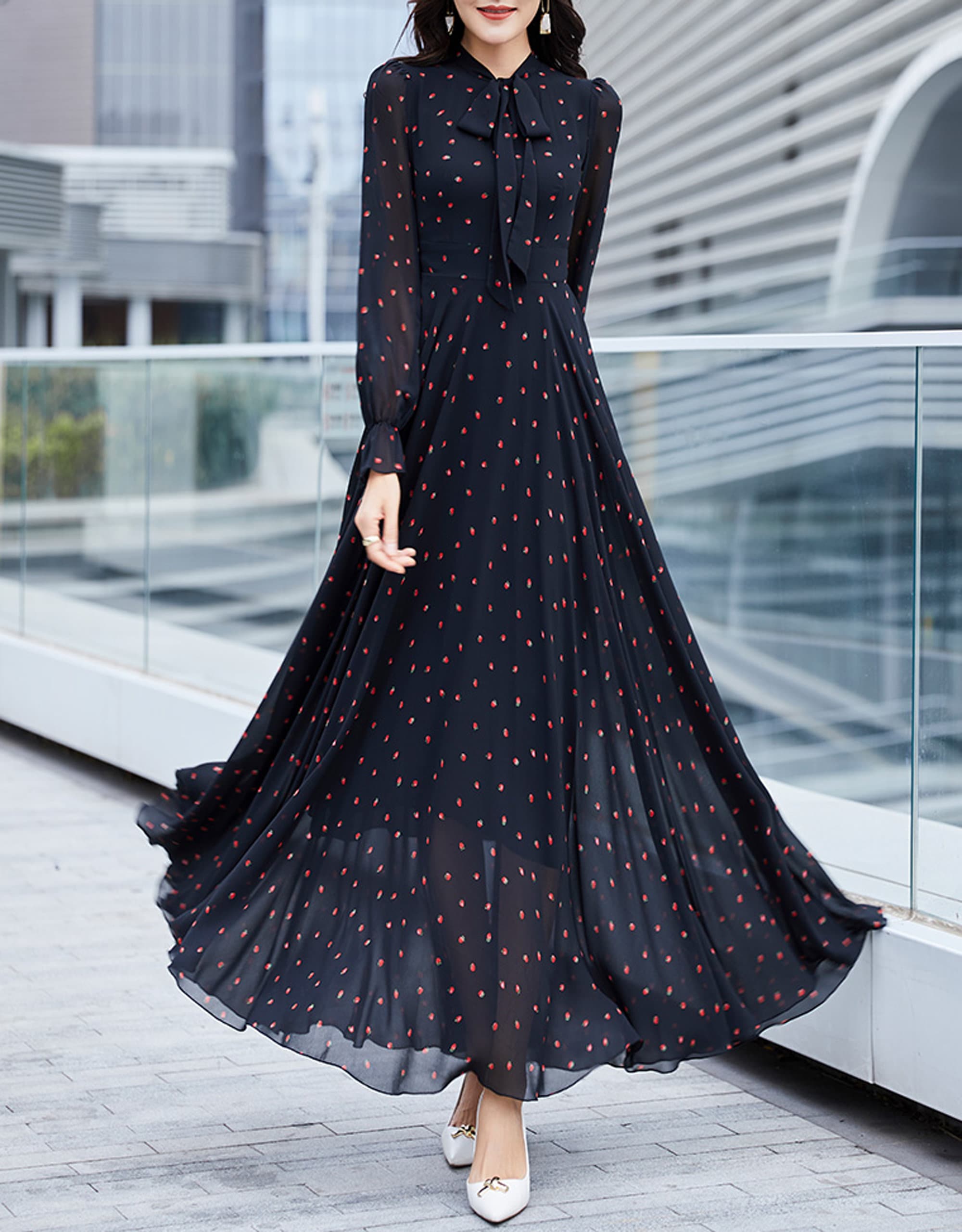 Women's Chiffon Dress, Black Dress, Maxi Dress, Long Sleeve