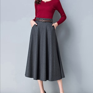 Wool skirt, midi skirt, Winter skirt, dark gray skirt, long skirt, vintage skirt, high waist skirt, flare skirt, Wool skirt with belt Q0025