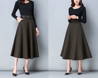 Wool skirt, midi skirt, Winter skirt, dark gray skirt, long skirt, vintage skirt, high waist skirt, flare skirt, Wool skirt with belt Q0025