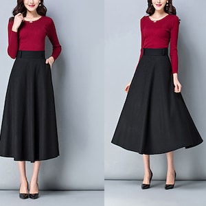 Wool skirt, midi skirt, Winter skirt, dark gray skirt, long skirt, vintage skirt, high waist skirt, flare skirt, Wool skirt with belt Q0025