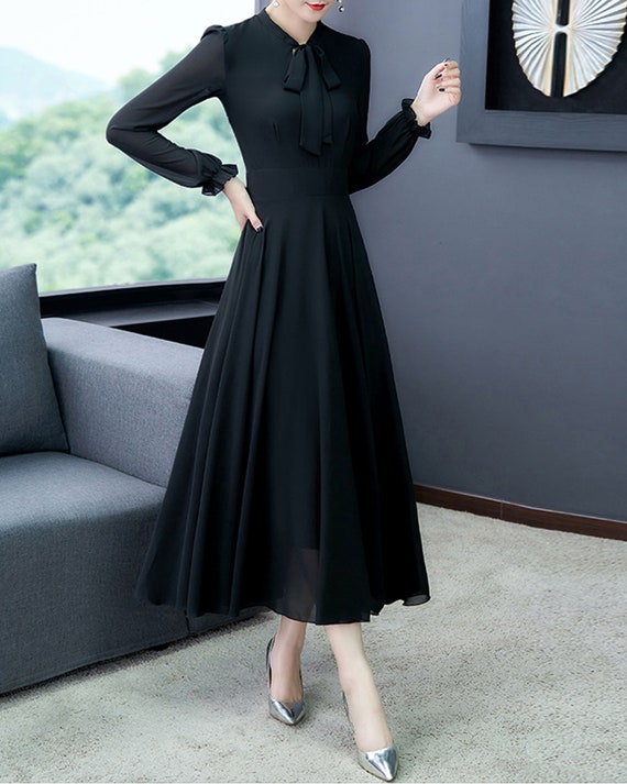 Women's Midi Dress, Chiffon A-line Dress, Long Sleeve Dress, Flare Dress,  Plus Size Dress, Customized Dress, Black Dress Q0018 