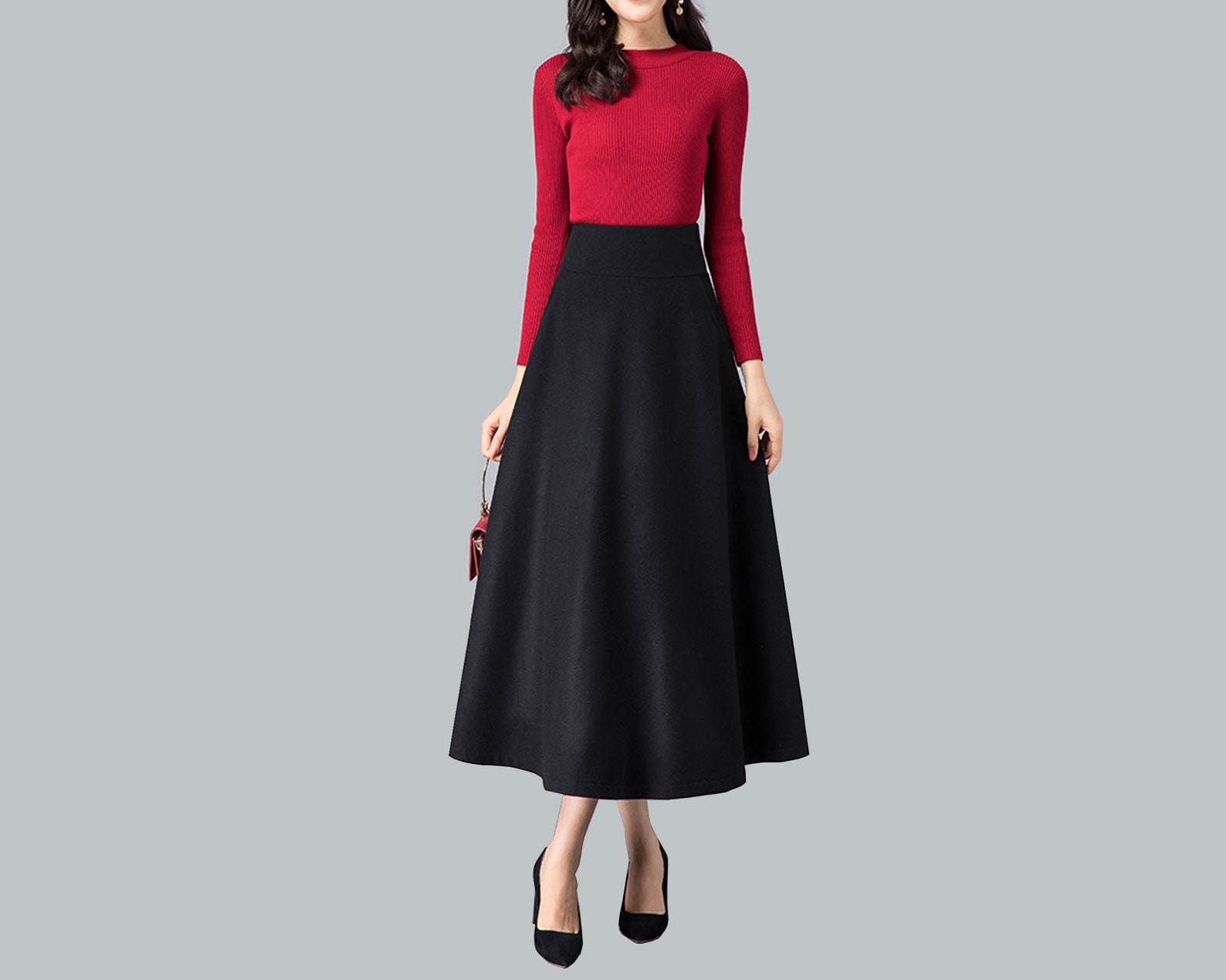 Sheer Wool Knit Layered Midi Skirt