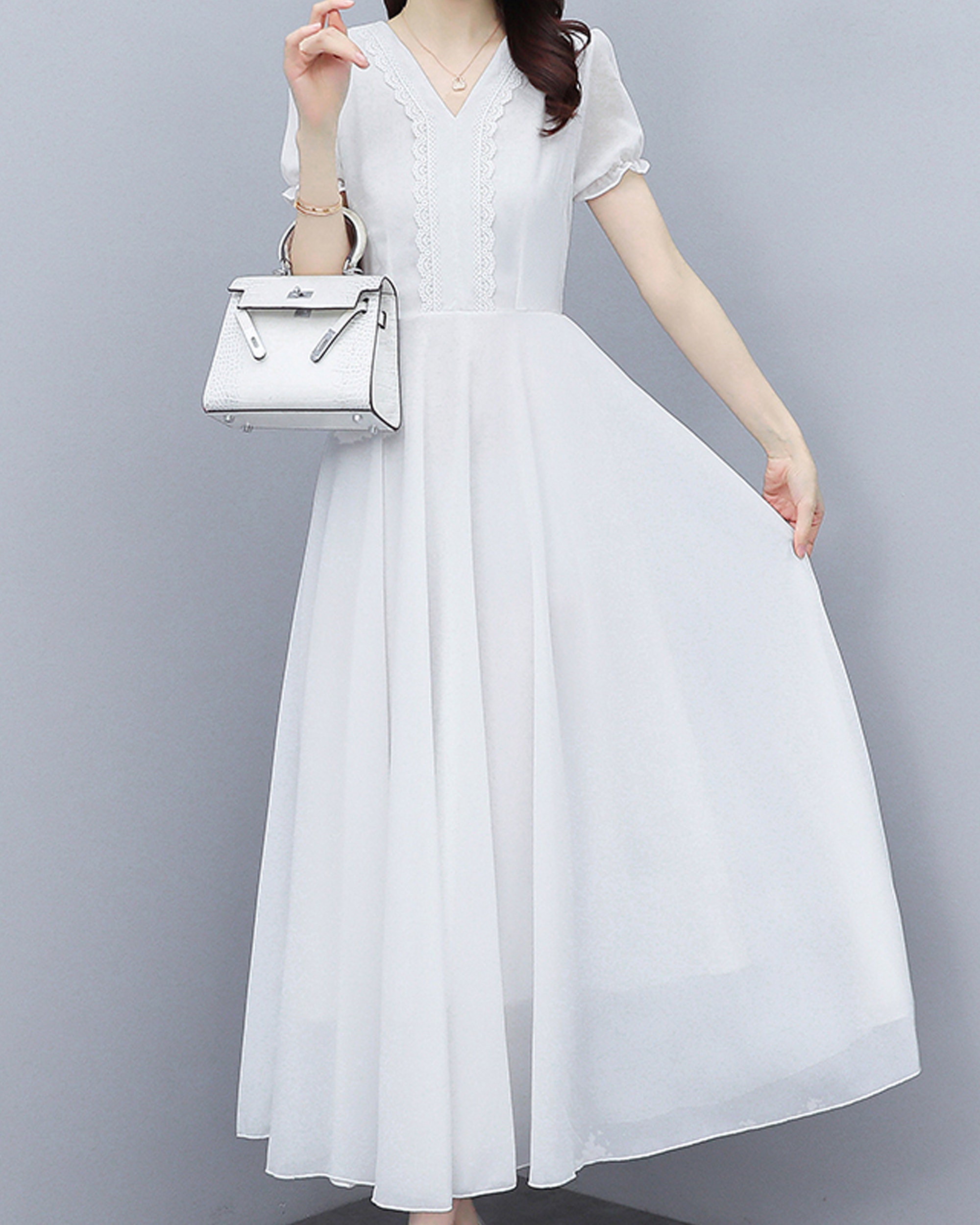 Classic V-Neck Short Sleeve Dress for Women