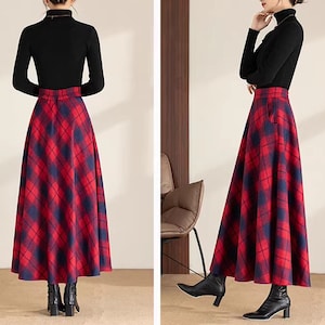 Plaid Wool Maxi Skirt: High Waist Winter Skirt with Pockets