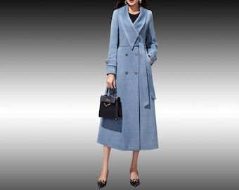 Wool coat women, winter coat, long jacket, double breasted jacket, coat dress, light blue coat, warm coat, plus size coat Y038