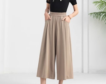 Wide Leg Cropped Pants: Elastic Waist Summer Trousers
