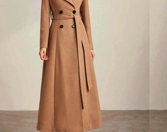キャメルウールロングコート：ダブルブレストの冬用ジャケットドレス