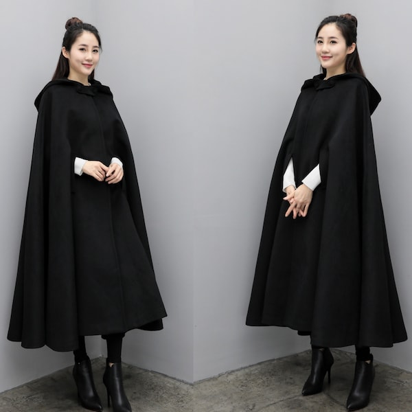 Wool cape coat, cape coat, long cape, womens cape, poncho cape, winter cape, winter outerwear, handmade plus size cape jacket C0088