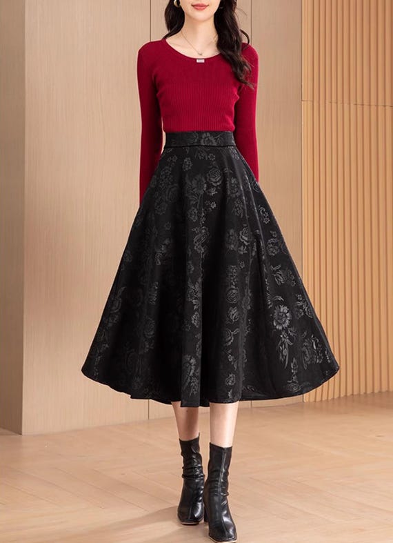 Women's Midi Skirt, Jacquard Skirt, Cotton Skirt, Elastic