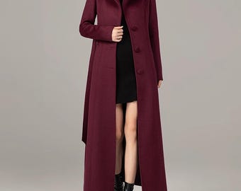 Cappotto lungo in misto lana rosso vino: giacca invernale con collo alto