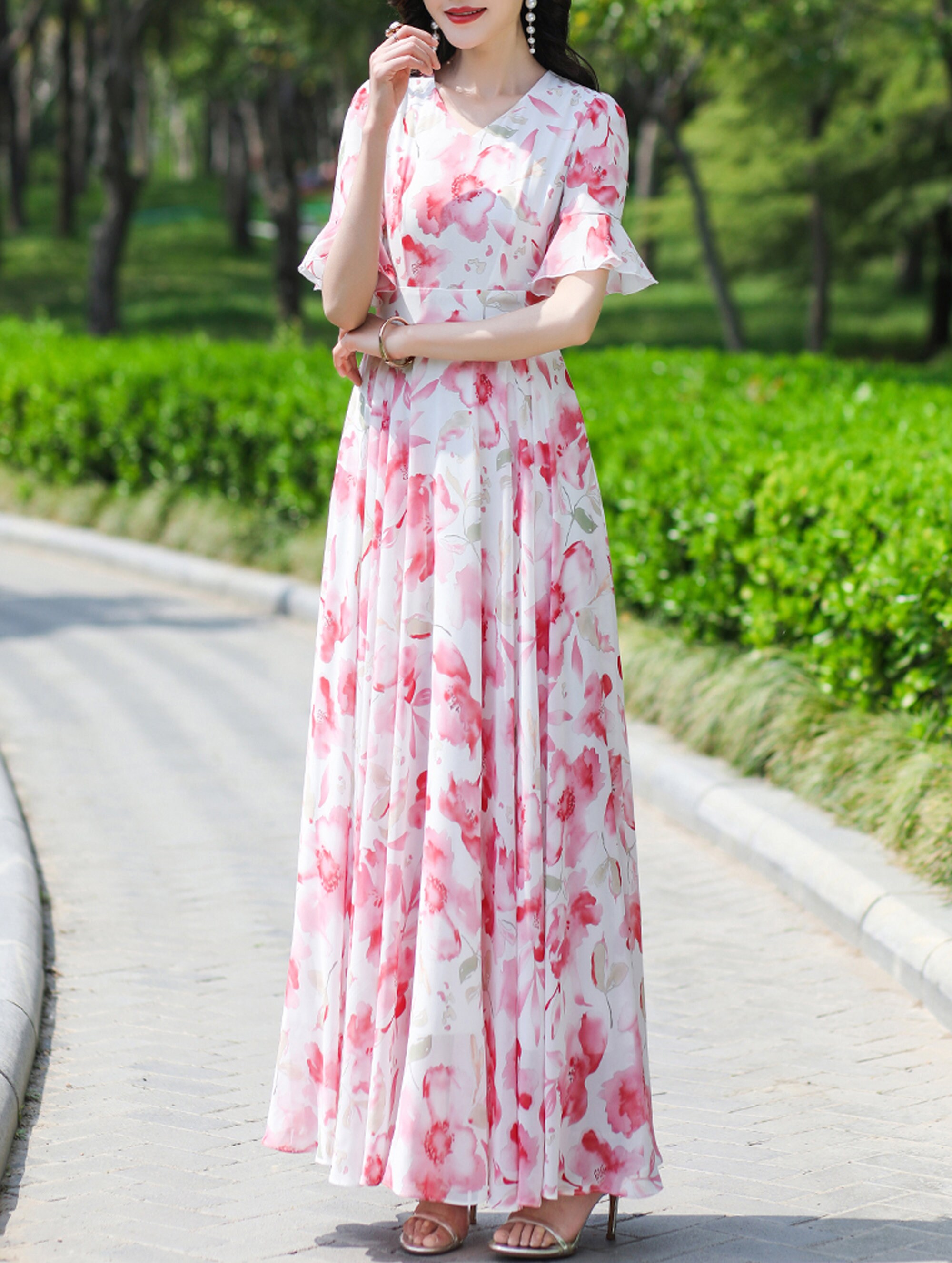 Floral Chiffon Maxi Dress: A-Line Flare, Plus Size