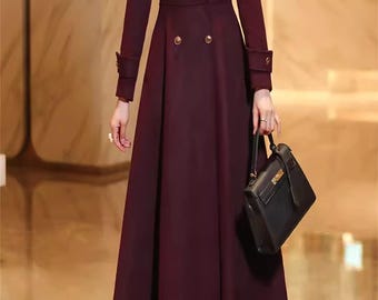 ワインレッドのウールコートドレス：ロングダブルブレストジャケット