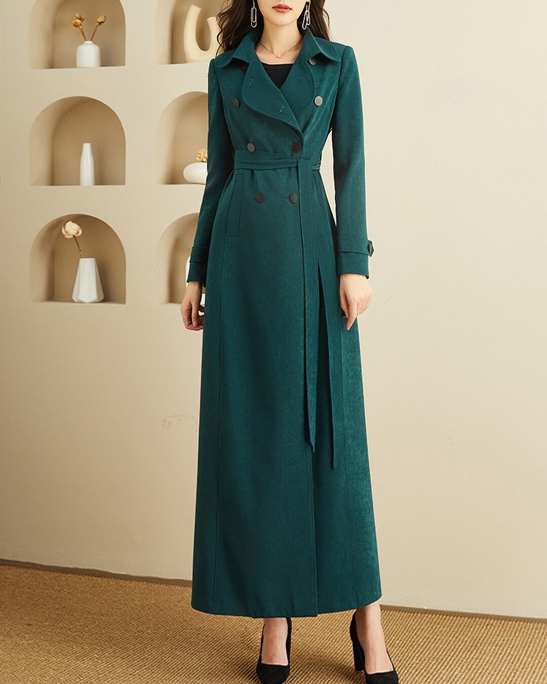 Women’s Long Double-Breasted Belted Trench Coat