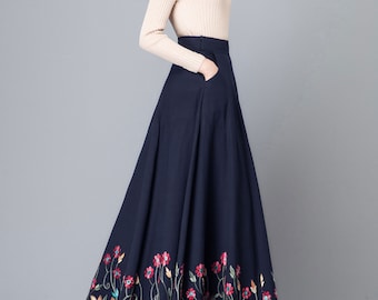 スカート RONRON HEART PENDANT LACE TRACK LINE FLARE MAXI SKIRT NAVY R Rayon Geometric Flared Maxi Skirt | Shukr Clothing