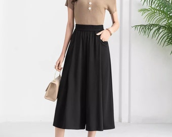 Wide Leg Cropped Pants: Elastic Waist Summer Trousers