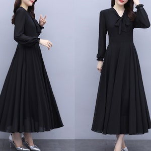 Women&#39;s midi dress, chiffon A-line dress, long sleeve dress, flare dress, plus size dress, customized dress, black dress Q0018