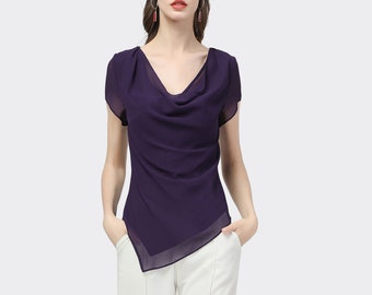 Top de gasa morado con cuello vuelto: camiseta de manga corta para mujer