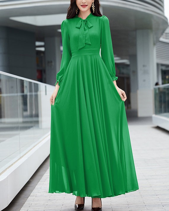 Women s Maxi Dress Chiffon A line Dress Long Sleeve Dress Flare Dress Plus Size Dress Customized Dress Black Dress Q0059 Etsy Australia