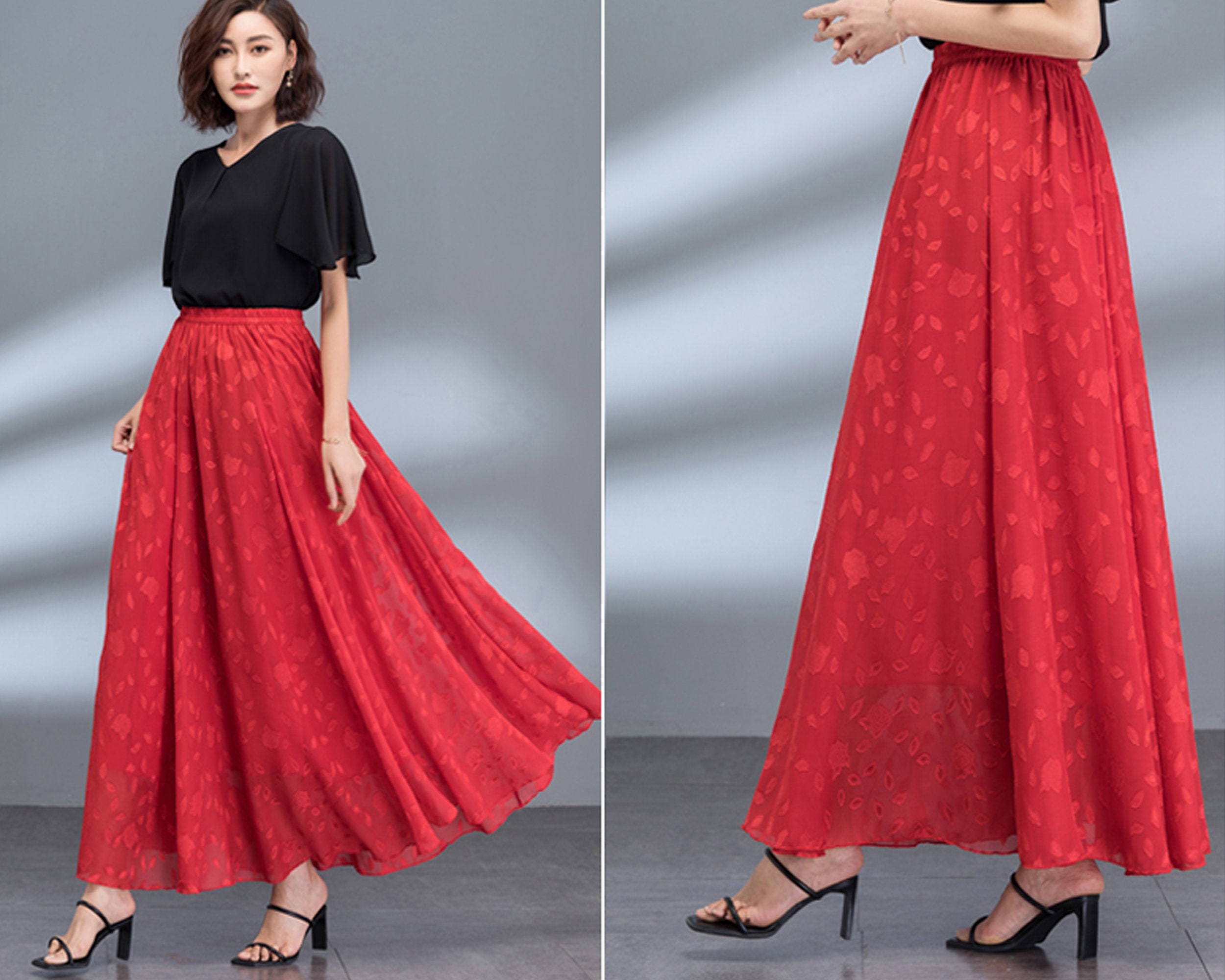 ●●AVOUAVOU●●SILK CHIFFON FLARE SKIRT(4 color) WOOL SILK HIGH WAIST VOLUME SKIRT - avouavou 아보아보