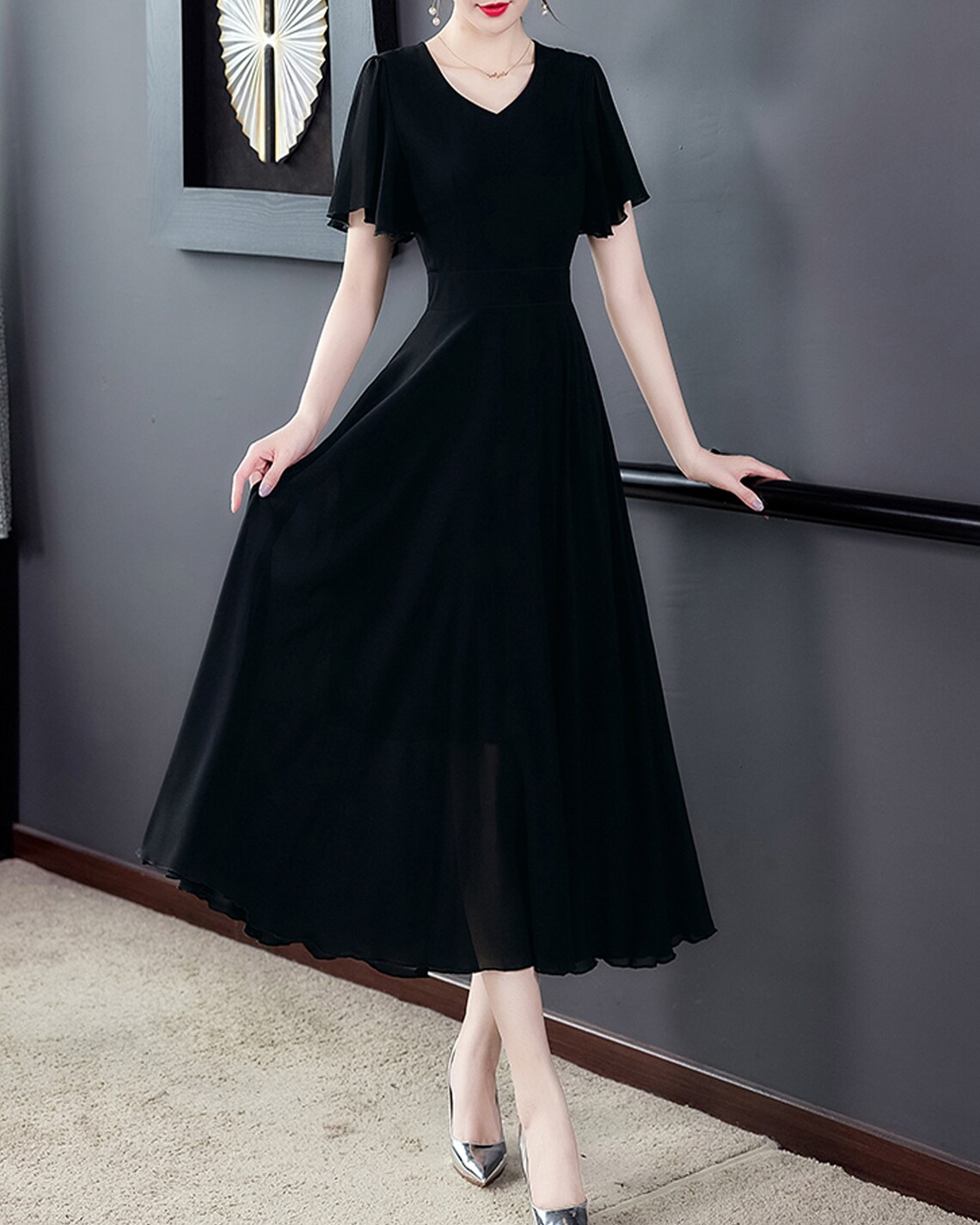 Summer Women Vintage V-Neck Short Sleeve Midi Dress