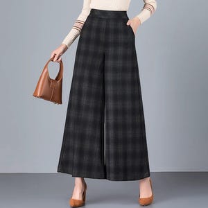 Plaid Wide Leg Cropped Pants: Cotton Blend High Waist Trousers