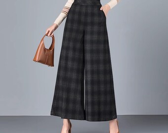 Plaid Wide Leg Cropped Pants: Cotton Blend High Waist Trousers