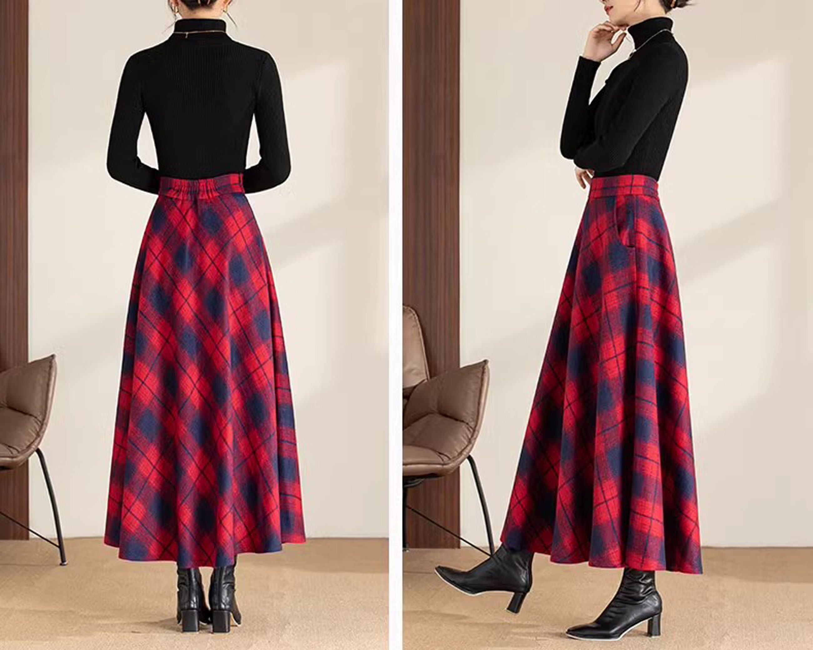 Jupe Longue Plissée écossaise Pour Femme - Taille élastique - Fausse Laine - Avec Poches