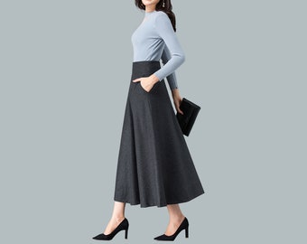 Wool skirt, midi skirt, Winter skirt, dark gray skirt, long skirt, vintage skirt, high waist skirt, flare skirt Q0014