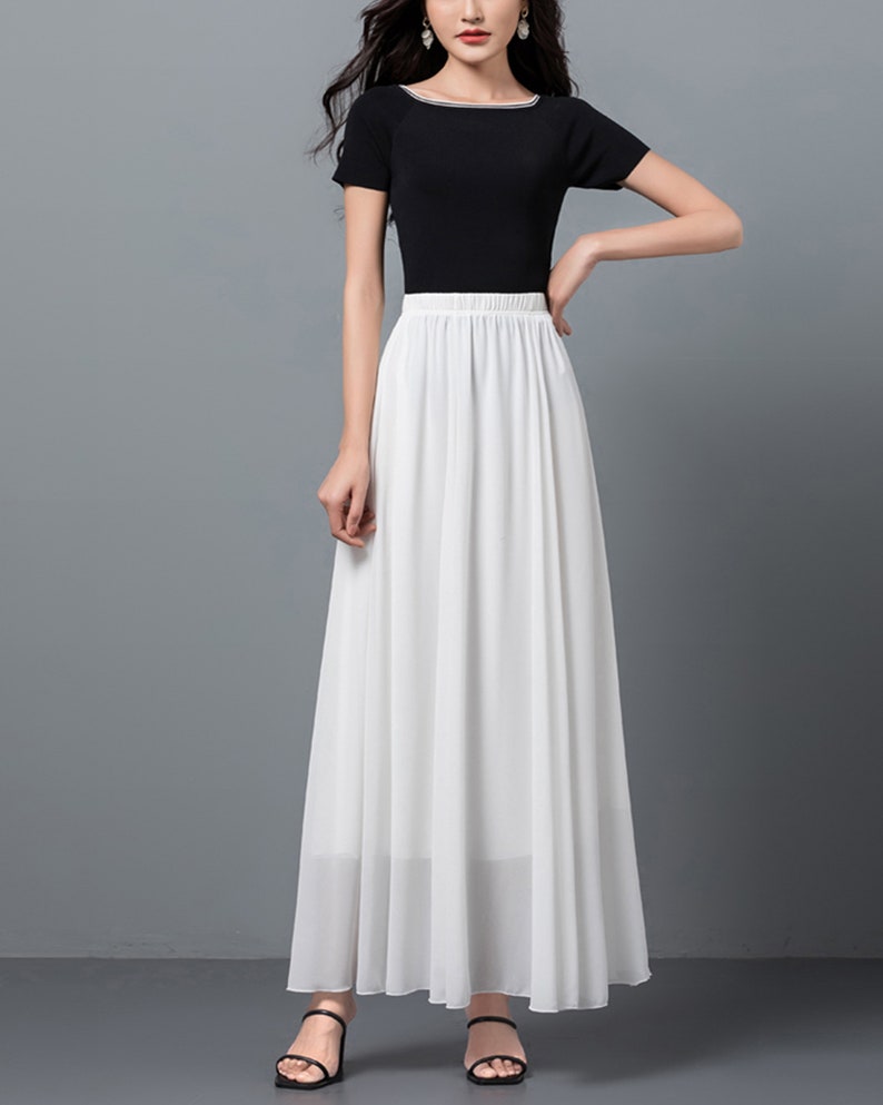 Women's maxi skirt, Elastic waist skirt, flare skirt, chiffon skirt, high waist skirt, long skirt, A-line skirt, white skirt A0012 image 3