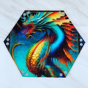 Large Fairy Rainbow Dragon Hexagon Snap Dice Tray, Collapsible Dungeons Dragons Dice Valet, TTRPG, Fae