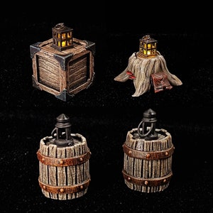 Lantern on Crate Stump or Barrel, Unpainted LED Fantasy Miniatures, Light Effect, DnD, TTRPG, Scatter Terrain, 3D Resin Print