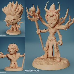 May include: Three miniature figurines painted in a light peach color. The first figurine is a humanoid with spiky hair and elf ears. The second figurine is a humanoid with spiky hair and elf ears holding a staff. The third figurine is a humanoid with spiky hair and elf ears holding a staff and has multiple arms.