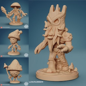 May include: Three miniature figurines of mushroom creatures. The first is a mushroom with a human-like body and a staff. The second is a mushroom with a human-like body and a staff. The third is a mushroom with a human-like body and a staff. The figurines are painted in a light brown colour.