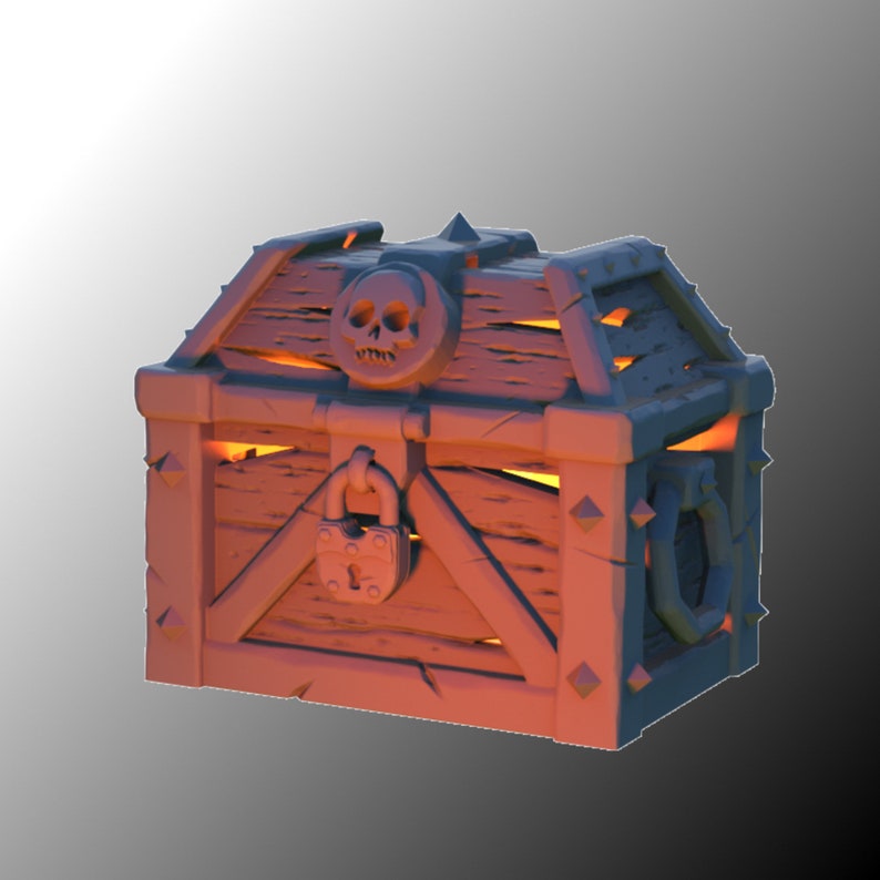 May include: A wooden treasure chest with a skull and crossbones design on the lid. The chest is closed and has a padlock and a metal ring handle.