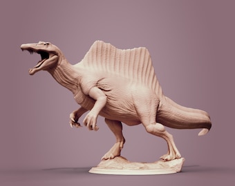 Puede incluir: Un modelo impreso en 3D detallado de un dinosaurio Spinosaurus de color beige. El dinosaurio está en posición de carrera con la boca abierta y la aleta dorsal levantada. El modelo está colocado sobre una pequeña base circular.