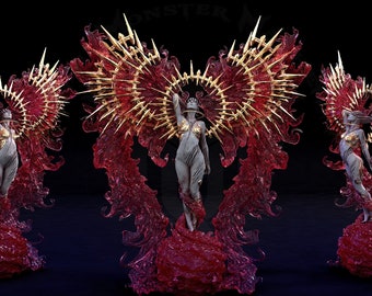 May include: A figurine of a woman with wings made of red and gold flames. The woman is standing on a red base and has a crown of gold thorns.