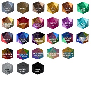 May include: A collection of 20 different colored and textured dice, each with a unique design. The dice are arranged in a grid pattern, with each die having a different color and texture. The dice are all hexagonal in shape and have a variety of colors, including silver, gold, red, blue, green, purple, black, and white.