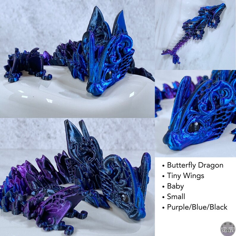 May include: A small, intricately detailed, purple, blue, and black 3D printed butterfly dragon figurine. The dragon has tiny wings and a delicate, ornate design.