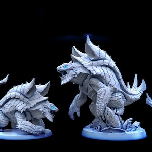 May include: Four miniature, white, three-headed turtle figurines with detailed scales and sharp spines. The turtles are posed in different stances, with one standing upright and the others in a crawling position.